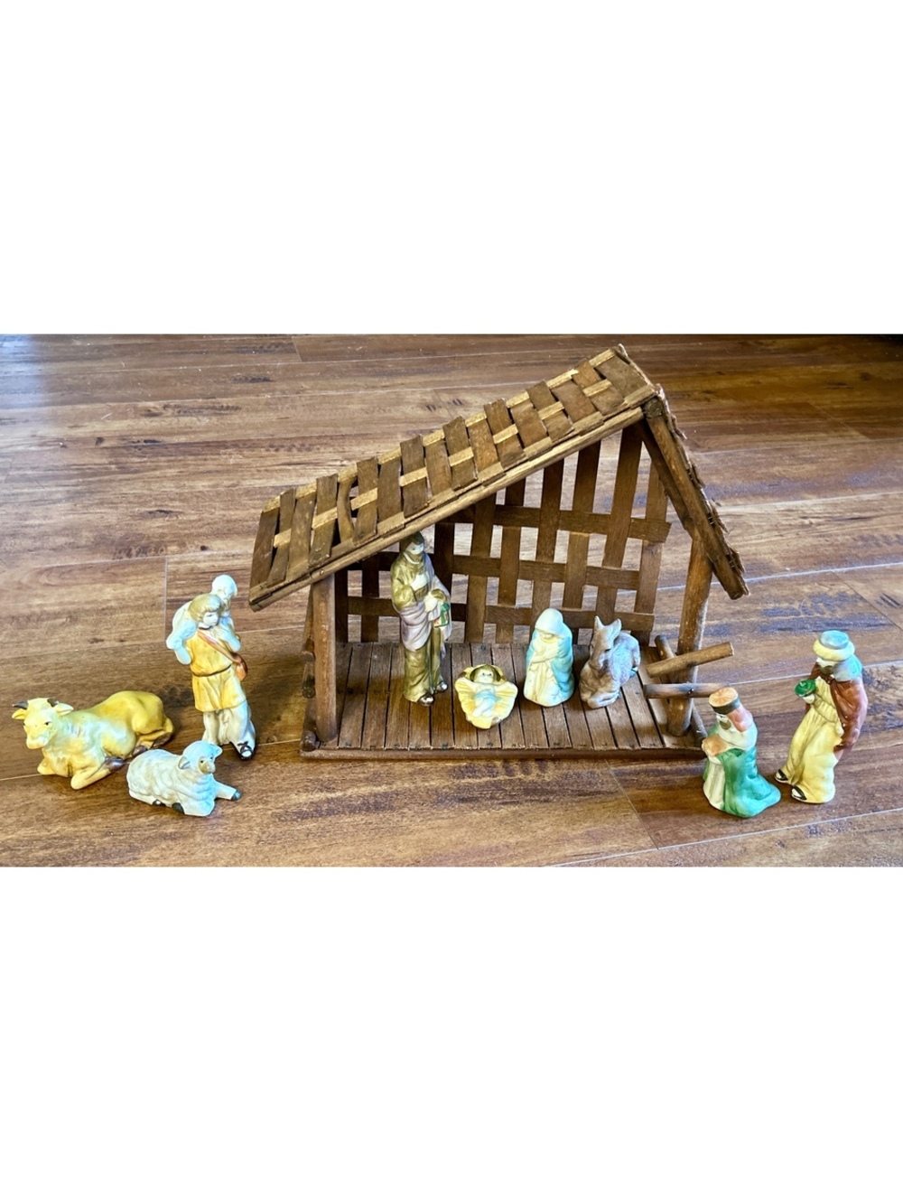 Hand-Painted Ceramic Nativity Set with Wooden Stable